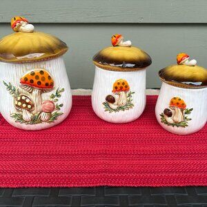 Vintage Merry Mushroom 3 Piece Canister Set-Sears & Roebuck 1978 Made In Japan
